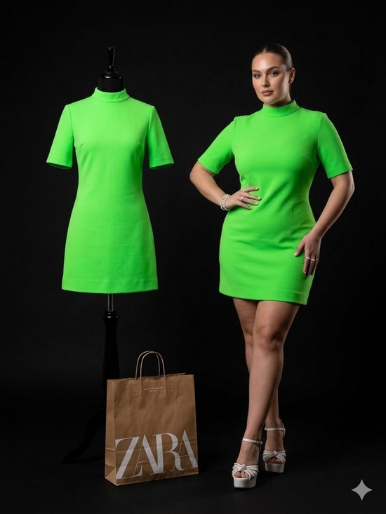 Zara Dresses & Skirts - Zara Bright Neon Green Mock Neck Mini Dress